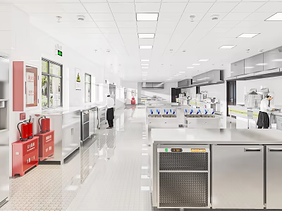 Modern Commercial Kitchen Interior With Stainless Steel Worktables Equipment And Spacious Layout 3d model