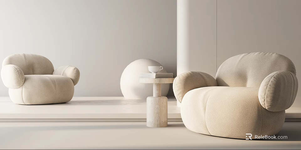 Beige Textured Single Sofa In Minimalist Room With Small Side Table And Light Background 3d model