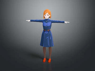 Child with red hair wearing blue dress and orange shoes standing with arms outstretched 3d model