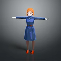 Child with red hair wearing blue dress and orange shoes standing with arms outstretched