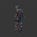 Futuristic Sci Fi Armored Character Wearing Blue Orange Outfit With Mechanical Legs And Horned Helmet