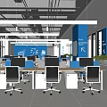 Modern Public Office Space Interior With Open Layout Desks Computers And Blue Wall Decorations 3d model