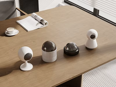 Different Projection Surveillance Cameras On Wooden Table For Security Monitoring 3d model