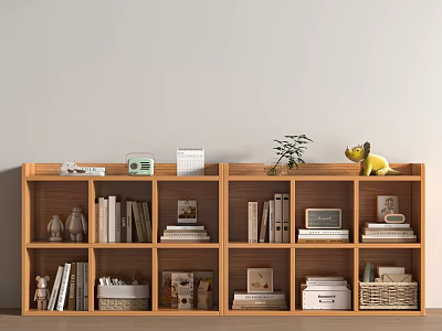 Stylish Wooden Bookshelf With Books Decorations Radio Dinosaur Figurine And Potted Plant 3d model