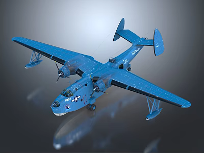 Blue Seaplane Model With Twin Wings Float Landing Gear Detailed Body And Reflection 3d model