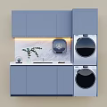 Light Blue Balcony Cabinet With Stacked Washing Machine Marble Countertop And Green Plant