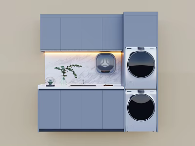 Light Blue Balcony Cabinet With Stacked Washing Machine Marble Countertop And Green Plant 3d model