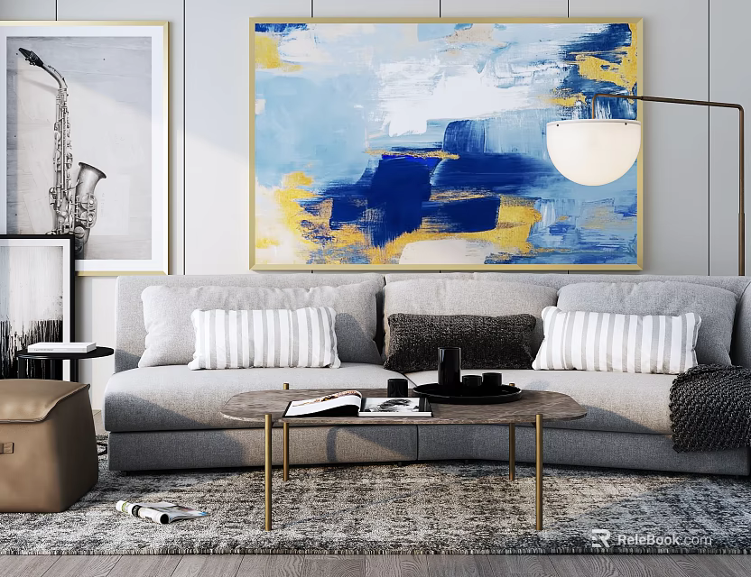 Gray Sofa And Coffee Table Set With Striped Dark Cushions And Blue Yellow Abstract Painting 3d model 