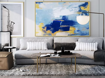 Gray Sofa And Coffee Table Set With Striped Dark Cushions And Blue Yellow Abstract Painting 3d model