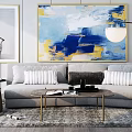 Gray Sofa And Coffee Table Set With Striped Dark Cushions And Blue Yellow Abstract Painting