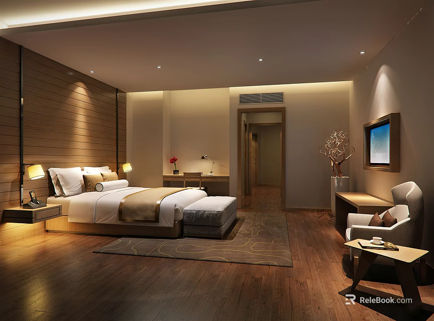 Modern Hotel Room Interior With Wooden Wall King Bed Armchair TV And Table Lamps 3d model 