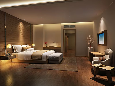 Modern Hotel Room Interior With Wooden Wall King Bed Armchair TV And Table Lamps 3d model