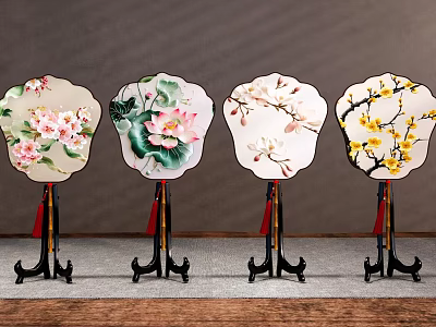 Fan Shaped Ornamental Decorative Set With Floral Patterns And Black Stands 3d model