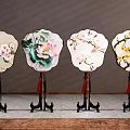 Fan Shaped Ornamental Decorative Set With Floral Patterns And Black Stands