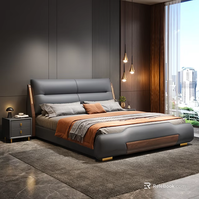 Modern Bedroom With Gray Leather Bed Orange Pillows Pendant Lights Nightstand And City View 3d model 