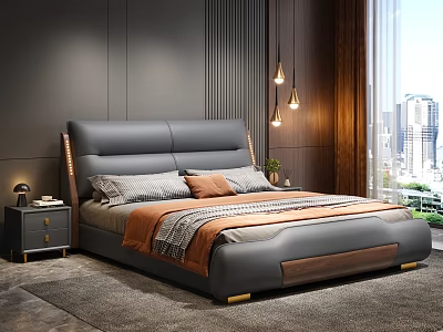 Modern Bedroom With Gray Leather Bed Orange Pillows Pendant Lights Nightstand And City View 3d model