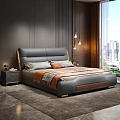 Modern Bedroom With Gray Leather Bed Orange Pillows Pendant Lights Nightstand And City View