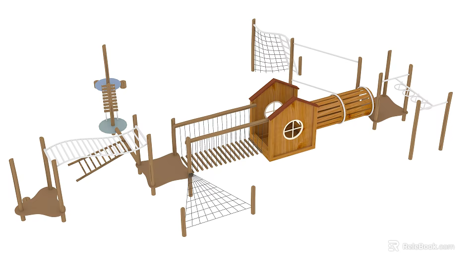 Wooden Playground Equipment With Cabin Climbing Rope Net And Ladder Structures 3d model 