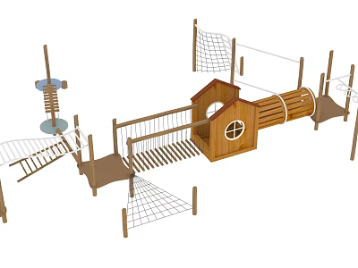 Wooden Playground Equipment With Cabin Climbing Rope Net And Ladder Structures 3d model