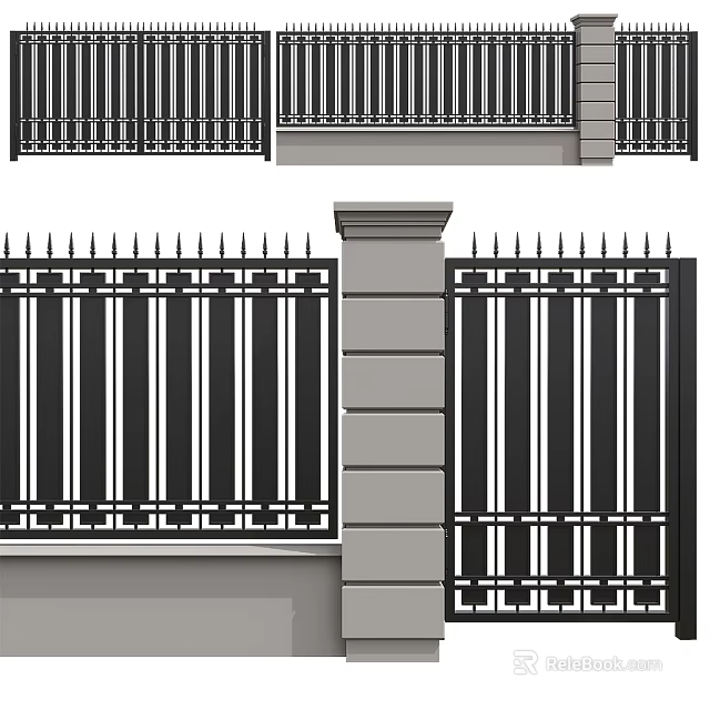 Building Exterior Wall With Black Metal Fence Gray Stone Pillar And Spiked Vertical Bars 3d model 