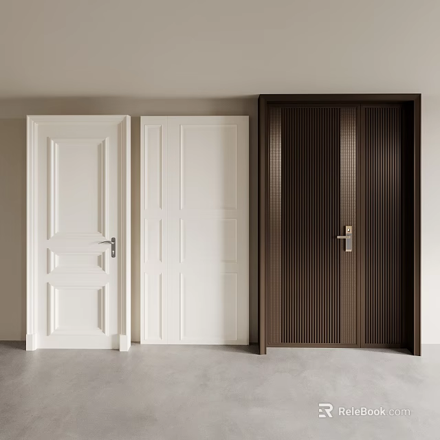 Modern Hinged Doors With White Panel And Brown Striped Designs For Home Interior 3d model 