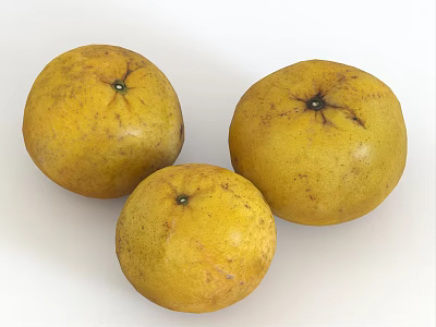 Three Ripe Yellow Citrus Fruits with Natural Brown Spots on White Background 3d model