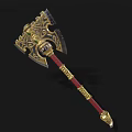 Ornate Battle Axe with Intricate Gold Blue Design Green Gemstone Red Handle and Spiked Bottom
