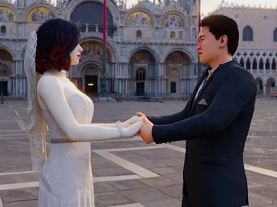 Couple In Wedding Dress And Suit Holding Hands At Venetian Square 3d model