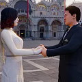 Couple In Wedding Dress And Suit Holding Hands At Venetian Square