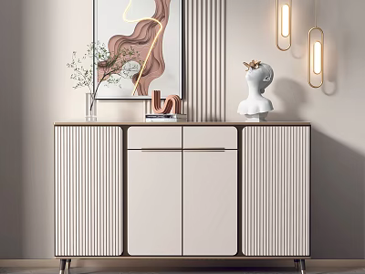 Modern Entryway Cabinet And Side Console Design With Sculpture Vase And Pendant Lights 3d model