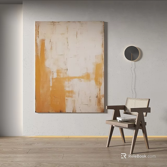 Abstract Painting With Beige Orange Tones Textured Surface In Modern Interior Wooden Chair And Mirror 3d model 