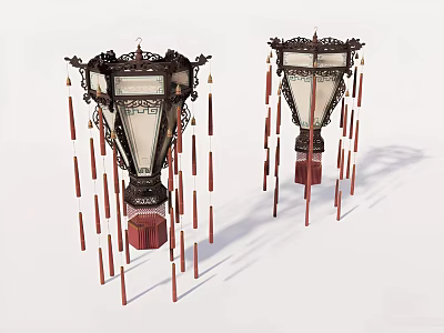 Two Traditional Chinese Chandeliers With Ornate Design And Red Tassels On White Background 3d model