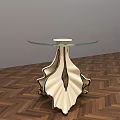 Modern Coffee Table With Glass Top And White Black Leaf Shaped Legs On Wooden Floor