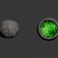 Traditional Household Items Rope Bound Stone Mortar And Black Cauldron With Green Liquid