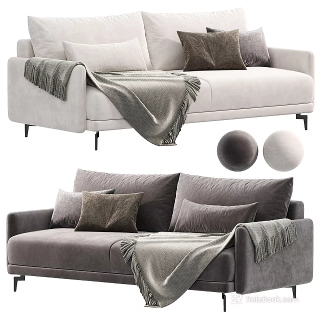 Modern Two Seater Sofa in Light and Dark Gray with Plush Pillows and Soft Blanket 3d model 