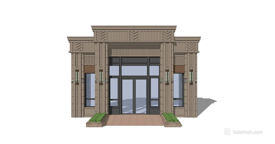 Elegant Entrance Gate Design With Stone Wall Glass Door And Symmetrical Decorative Columns 3d model 