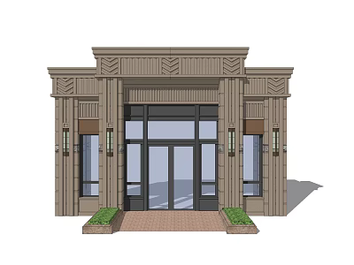 Elegant Entrance Gate Design With Stone Wall Glass Door And Symmetrical Decorative Columns 3d model