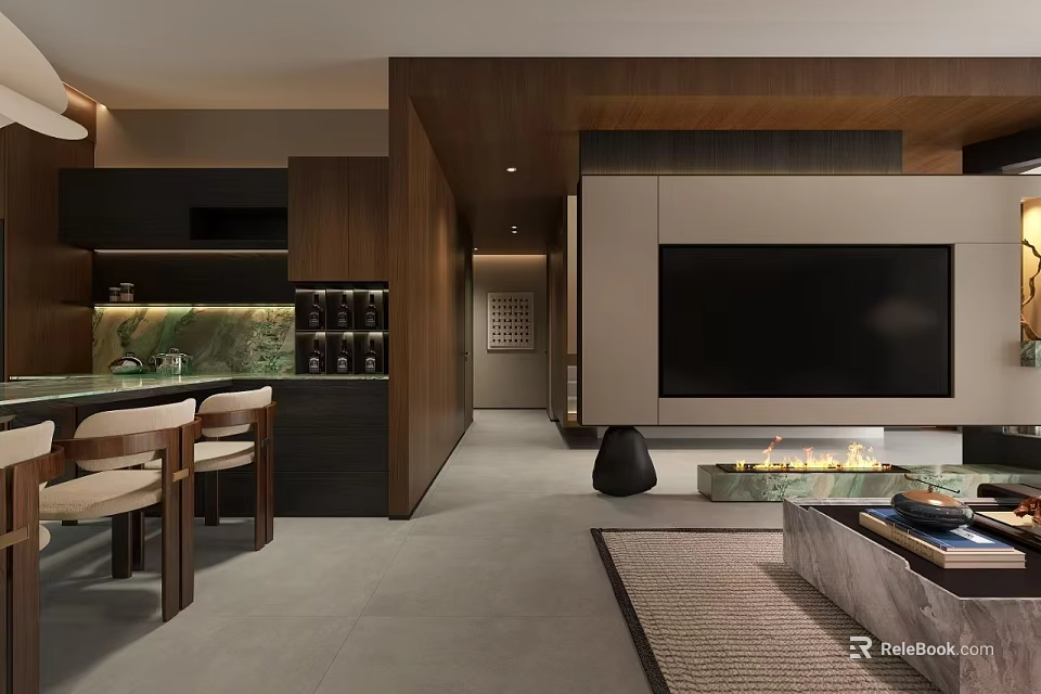 Modern Open Living and Dining Room with Wooden Bar Counter TV Wall Fireplace and Coffee Table 3d model 