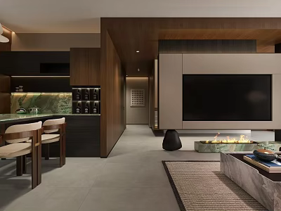 Modern Open Living and Dining Room with Wooden Bar Counter TV Wall Fireplace and Coffee Table 3d model