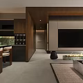 Modern Open Living and Dining Room with Wooden Bar Counter TV Wall Fireplace and Coffee Table