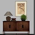 Elegant Wooden Entryway Console Cabinet With Double Doors Table Lamp Potted Plant And Wall Art