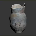 Ancient Pottery Jar Sculpture Carving With Red Brown And Blue Decorative Patterns And Side Handle