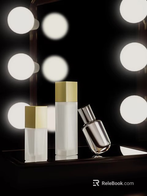Elegant Luxury Perfume Cosmetics Bottle With Gold Cap Transparent Body And Round Lights 3d model 