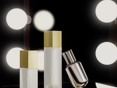 Elegant Luxury Perfume Cosmetics Bottle With Gold Cap Transparent Body And Round Lights 3d model