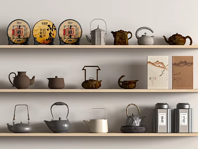 Traditional Chinese Tea Sets with Teapots and Caddies on Wooden Shelves 3d model