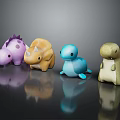 Colorful Dinosaur Plush Toys With Various Cute Designs Displayed On Black Surface 3d model