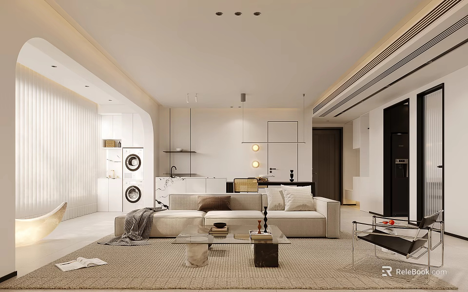 Modern Living and Dining Room Interior With Open Concept Sofa Coffee Table and Rug 3d model 