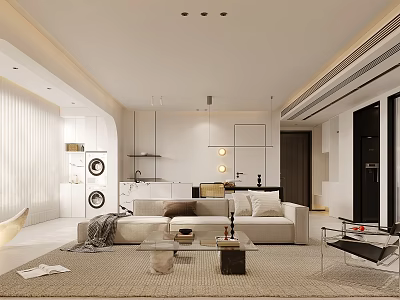 Modern Living and Dining Room Interior With Open Concept Sofa Coffee Table and Rug 3d model