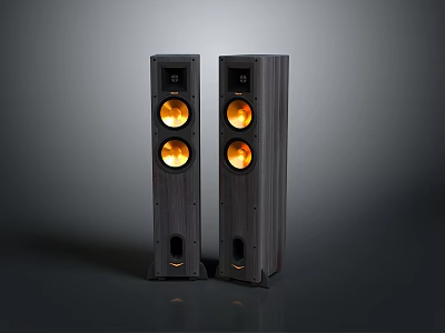 Black Floor Standing Computer Speakers With Three Circular Yellow Lights And Wooden Texture 3d model