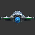 Futuristic Sci Fi Spaceship Model With Gray Green Blue Glowing Thrusters And Sleek Design